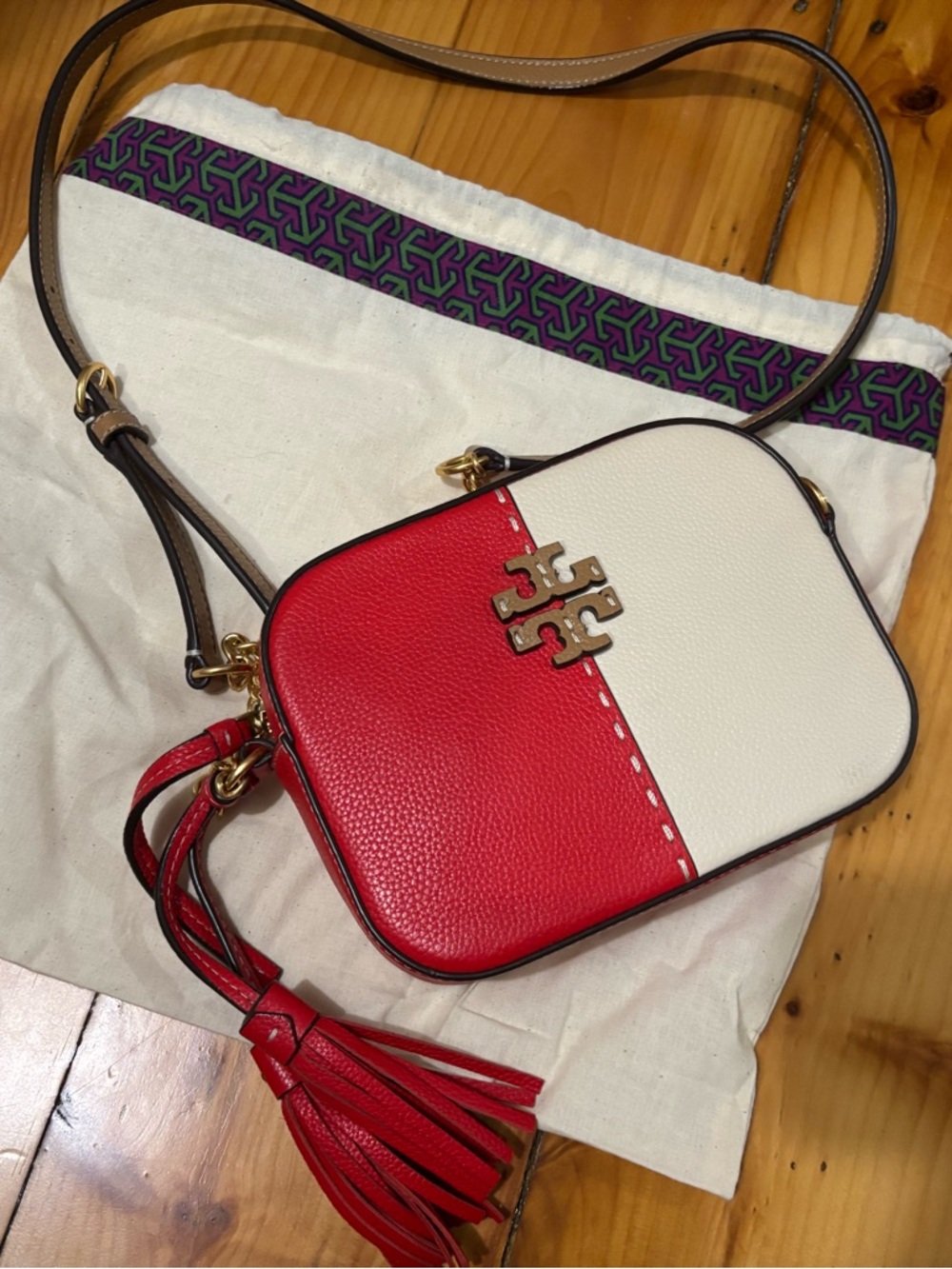 Tory Burch Red and White Colorblock Leather Crossbody with Tassel and Duster Bag